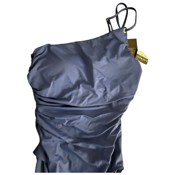Lauren Ralph Lauren Navy Blue Ruched Asymmetrical One Piece Swim suit Size 8 - Picture 5 of 8